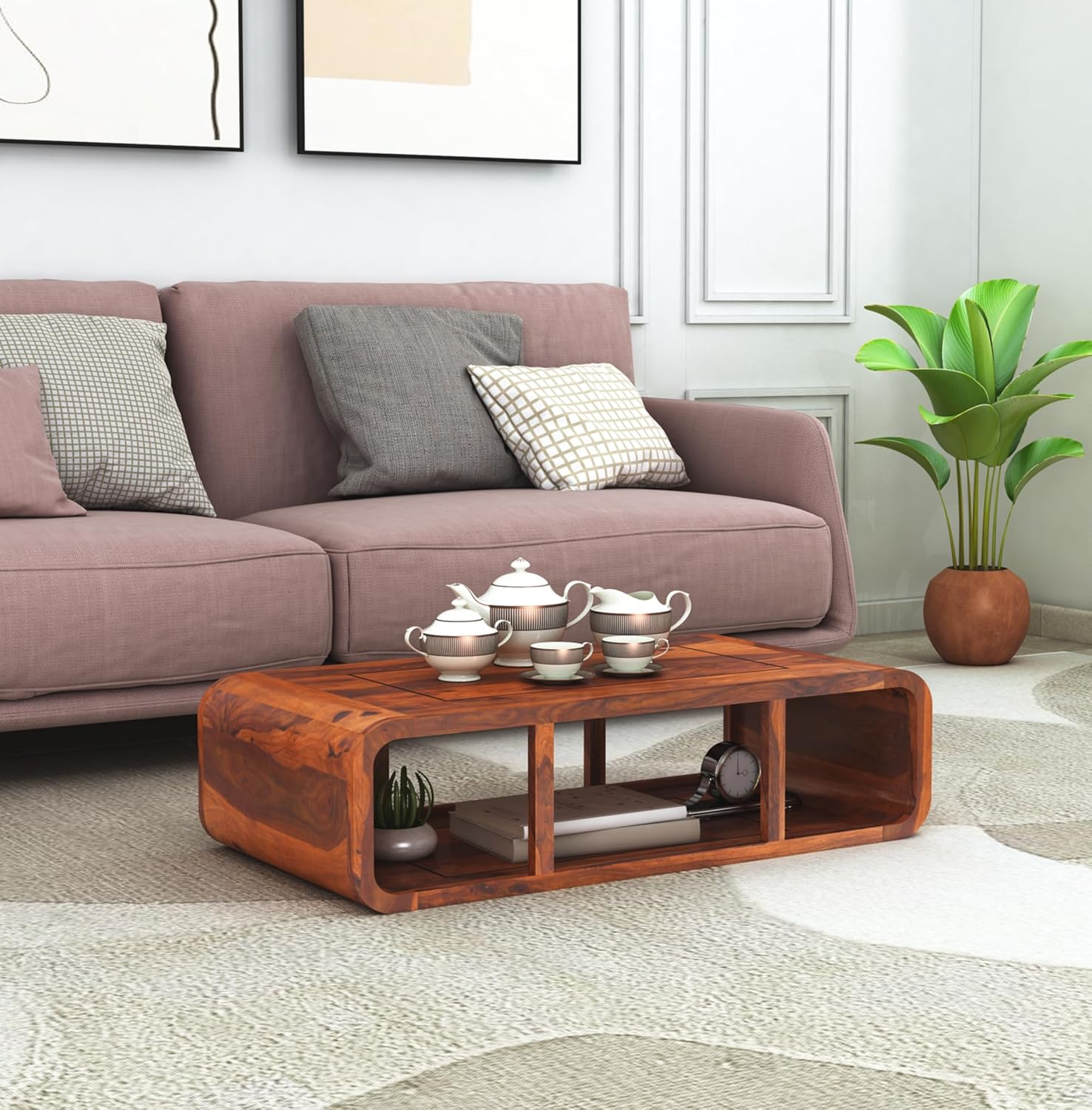 Sheesham Wood Center Coffee Table with Shelf Storage Wooden Teapoy Tea Table for Living Room Home and Office