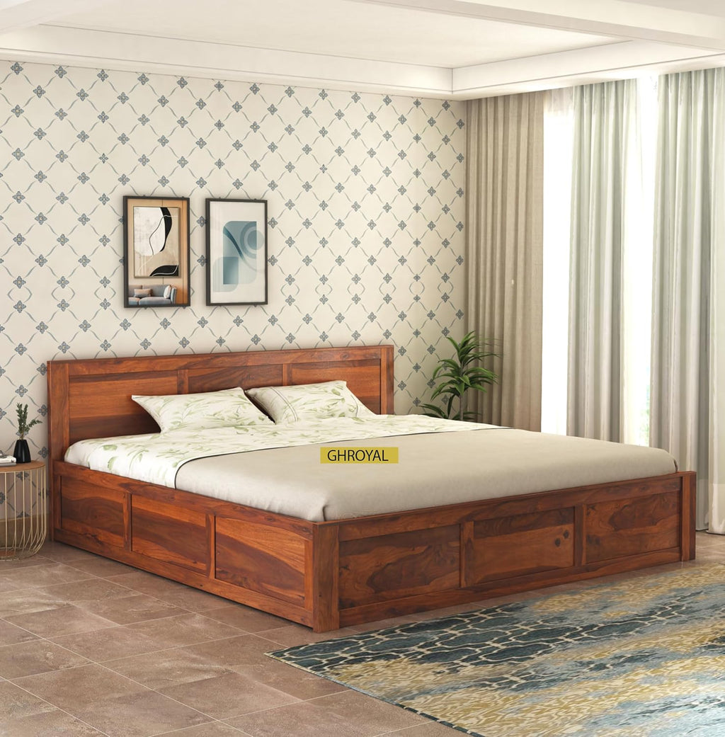 Sheesham Wood Queen Size Double Bed with Box Storage for Bedroom Furniture Wooden Palang for Living Room Furniture