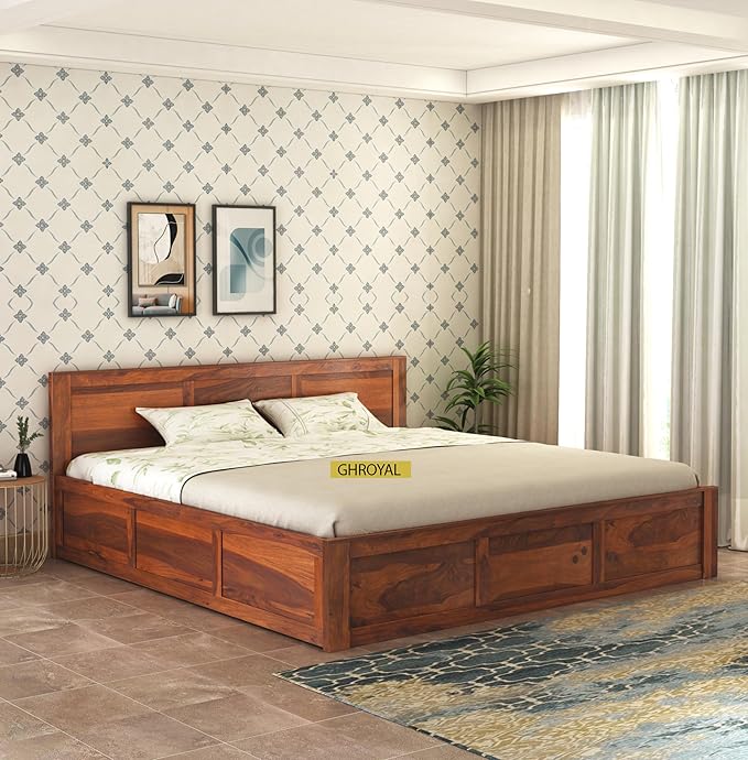 Goyal Handicraft Solid Sheesham Wood King Size Bed with Box Storage for Bedroom Furniture Wooden Palang for Living Room Furniture (Honey Finish)