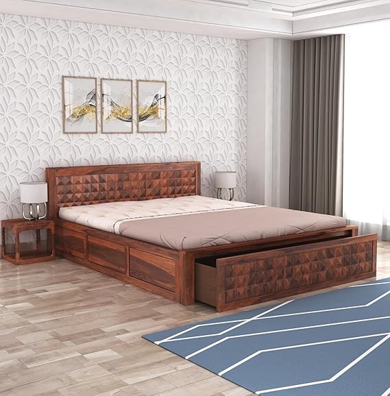 Goyal Handicraft Sheesham Wood Queen Size Bed with Front Opening Drawer Storage for Bedroom Living Room Home Hotel Wooden Doule Bed Cot Palang Furniture (Honey Finish)