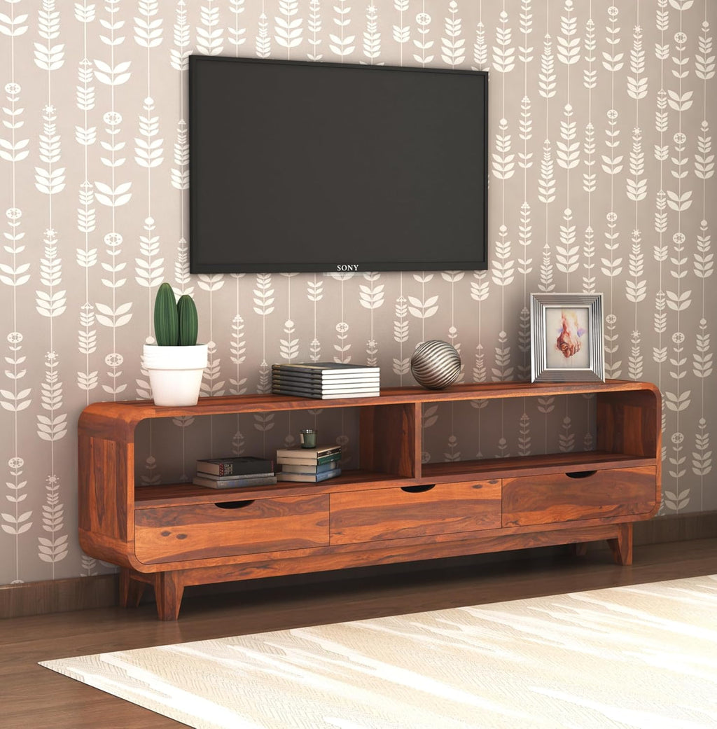 Sheesham Wood TV Cabinet with 3 Drawer Storage TV Stand Table Wooden Furniture Entertainment Unit for Living Room Home