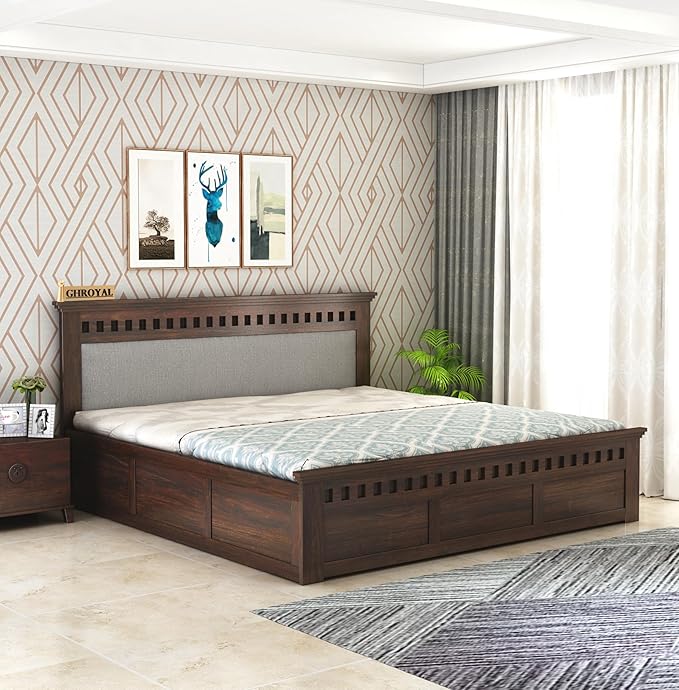 Sheesham Wood Queen Size Bed with Box Storage | 1 Year Warranty | Wooden Double Bed Cot Palang Furniture for Bedroom Living Room Home Hotel