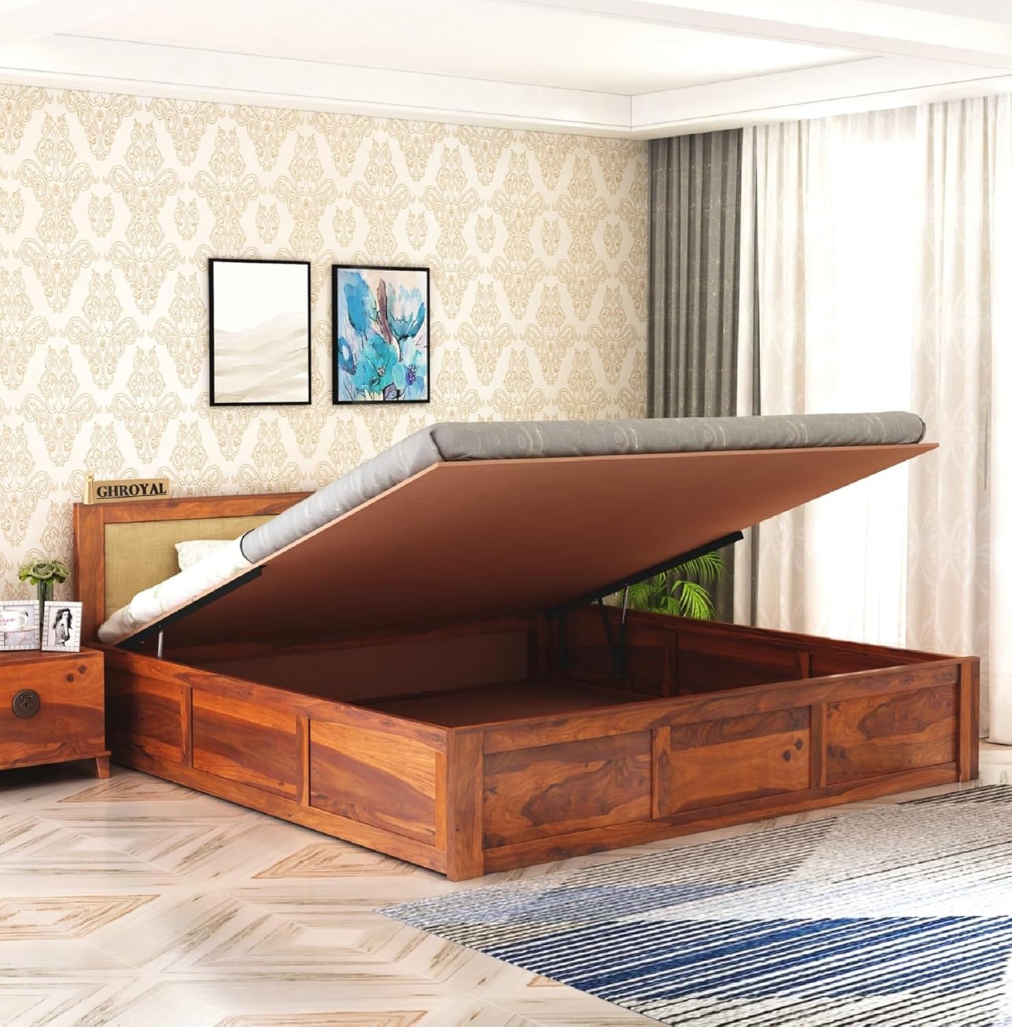 Sheesham Wood King Size Bed with Hydraulic Storage for Bedroom Living Room Home Hotel Furniture Wooden Double Bed Cot Palang for Guest Room
