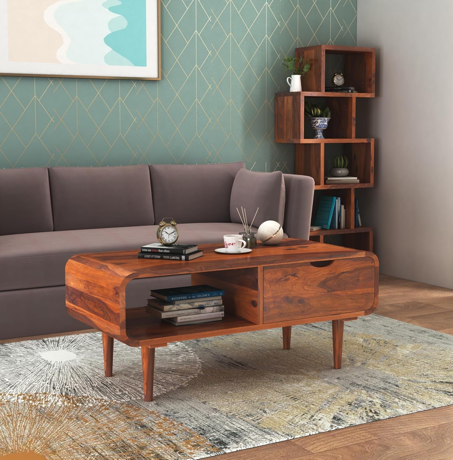 Sheesham Wood Rectangle Coffee Table with Shelf and Drawer Storage Wooden Tea Tables Solid Wood Center Table Furniture for Bedroom Living Room Home Office