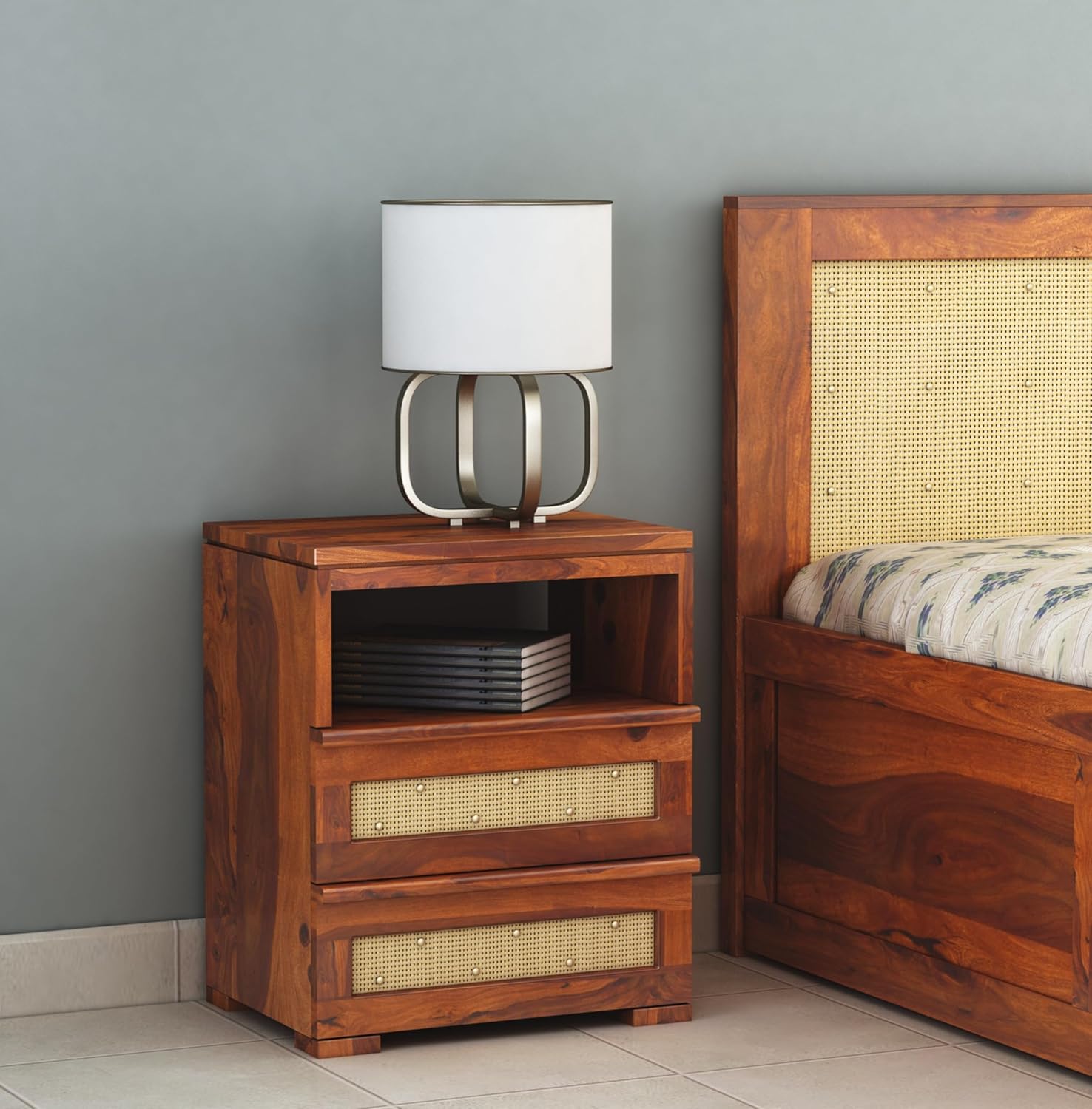 Sheesham Wood Bedside Table for Bedroom Living Room Home Office with 2 Drawer and 1 Open Shelf Storage Furniture | Sofa Side Table | End Table | Nightstand
