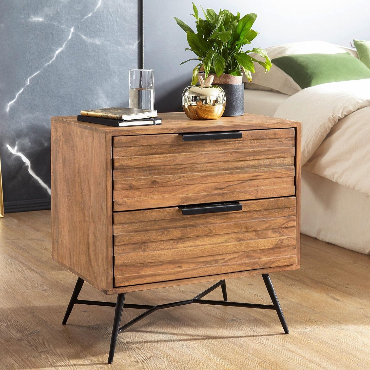 Sheesham Wood Bedside Table with 2 Drawers Storage Wooden Sofa Side Table Night Stand End Table Furniture for Bedroom Living Room Home Office