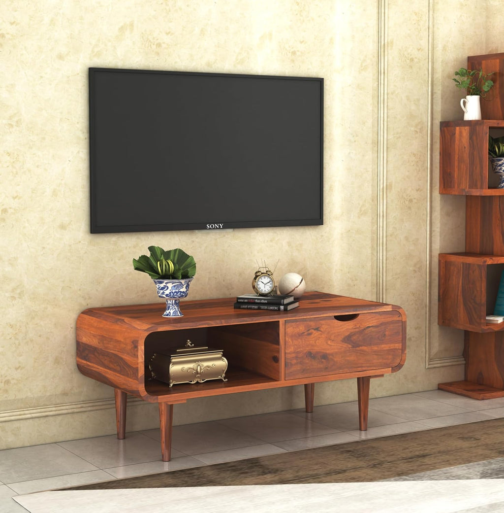 Sheesham Wood TV Cabinet with 1 Drawer and Open Shelf Storage TV Stand Table Wooden Entertainment Unit for Living Room Home