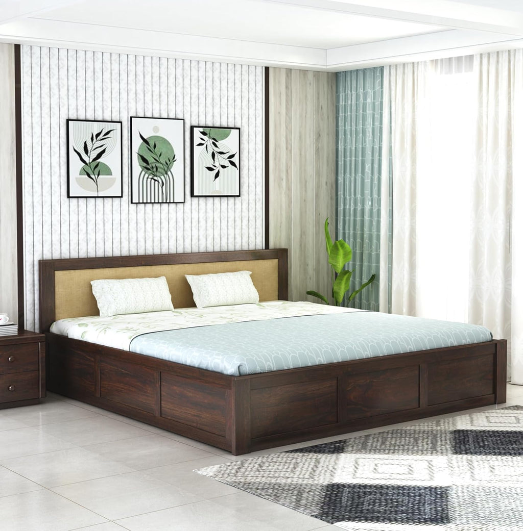 Sheesham Wood Queen Size Bed with Box Storage for Bedroom Living Room Home Hotel Bed with Headboard Pannel Wooden Double Bed Cot Palang Furniture