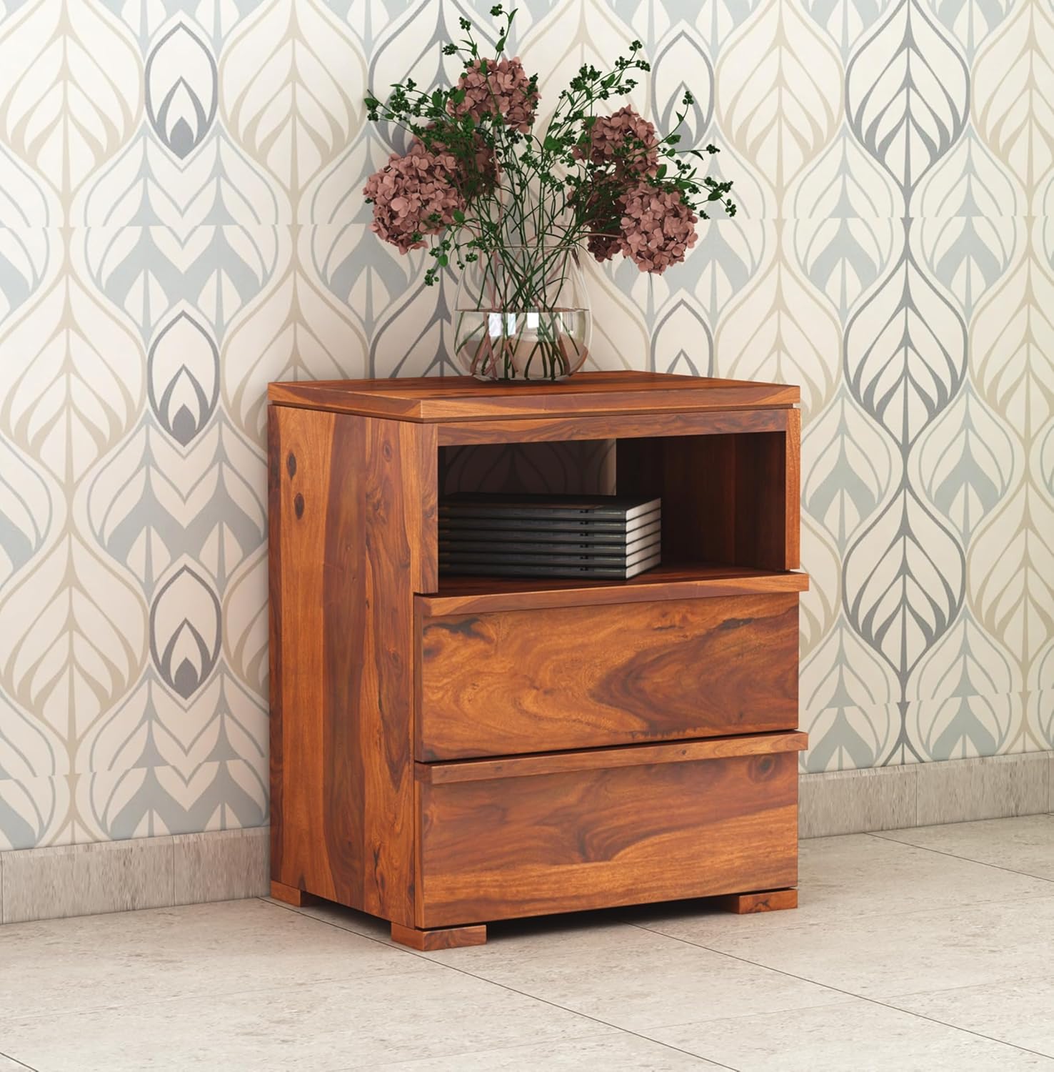 Sheesham Wood Bedside End Table with 2 Drawers and Open Shelf Storage for Bedroom Living Room Wooden Furniture Side Table for Hotel Room Office