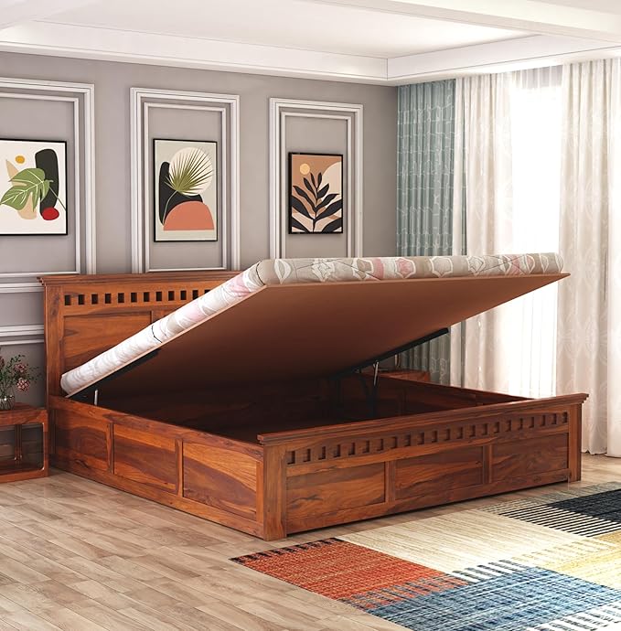 Goyal Handicraft Sheesham Wood Queen Size Kuber Bed with Hydraulic Storage for Bedroom Living Room Home Hotel Furniture Wooden Double Bed Cot Palang for Guest Room (Honey Finish)| 1 Year Warranty