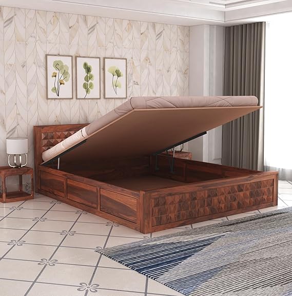 Goyal Handicraft Sheesham Wood King Size Bed with Hydraulic Storage for Bedroom Living Room Home Hotel Furniture Wooden Double Bed Cot Palang for Guest Room (Honey Finish)