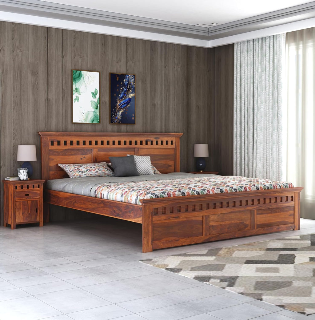 Double Bed Cot Palang With Headboard Queen Size - Honey Finish (WS)