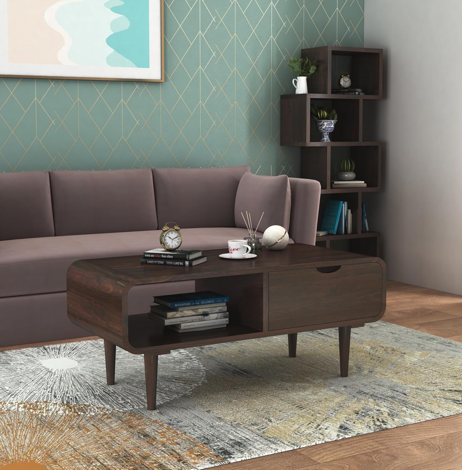 Sheesham Wood Rectangle Coffee Table with Shelf and Drawer Storage Wooden Tea Tables Solid Wood Center Table Furniture for Bedroom Living Room Home Office
