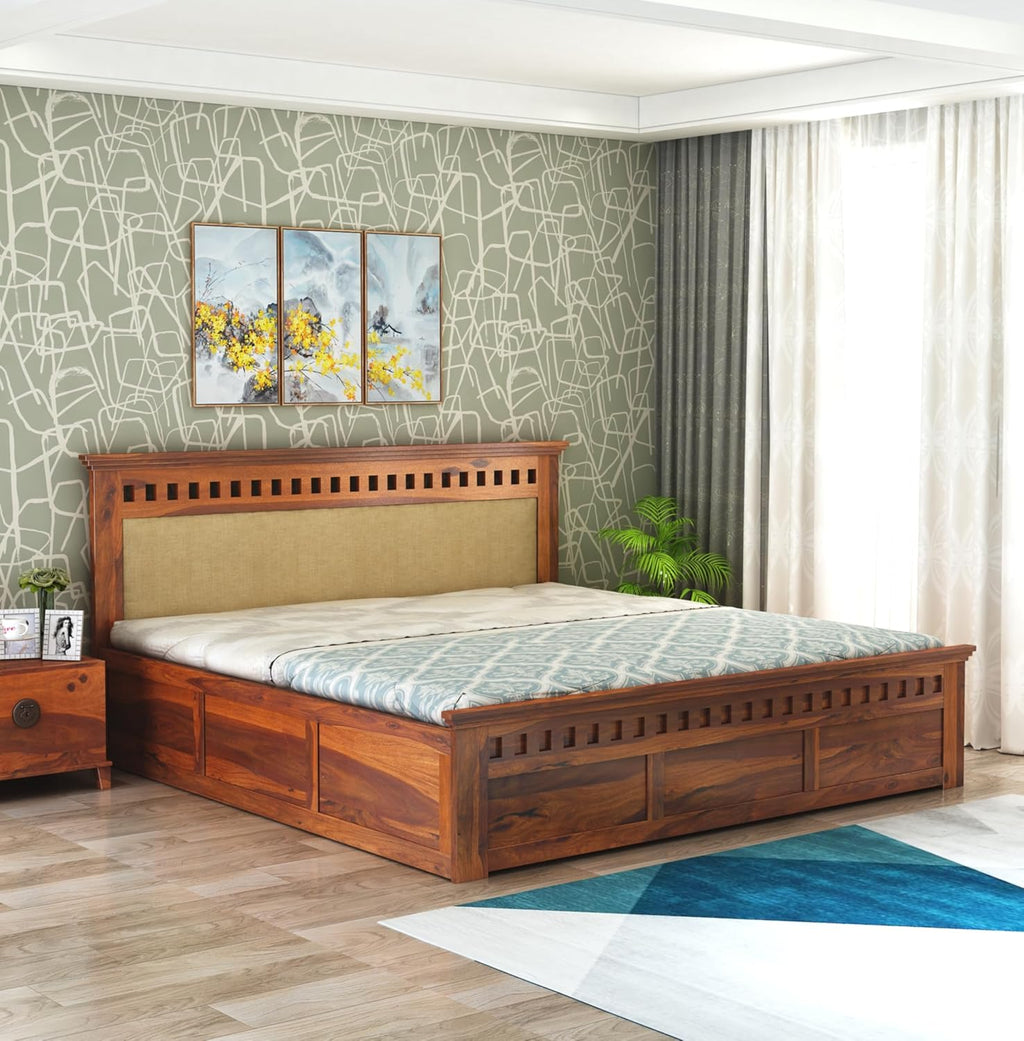Sheesham Wood King Size Box Storage Bed Home Wooden Double Bed Cot Palang for Living Room and Hotels