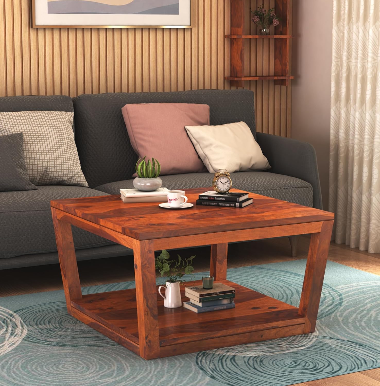 Sheesham Wood Coffee Table with Open Shelf Storage Wooden Tea Tables Solid Wood Center Table Furniture for Bedroom Living Room Home Office