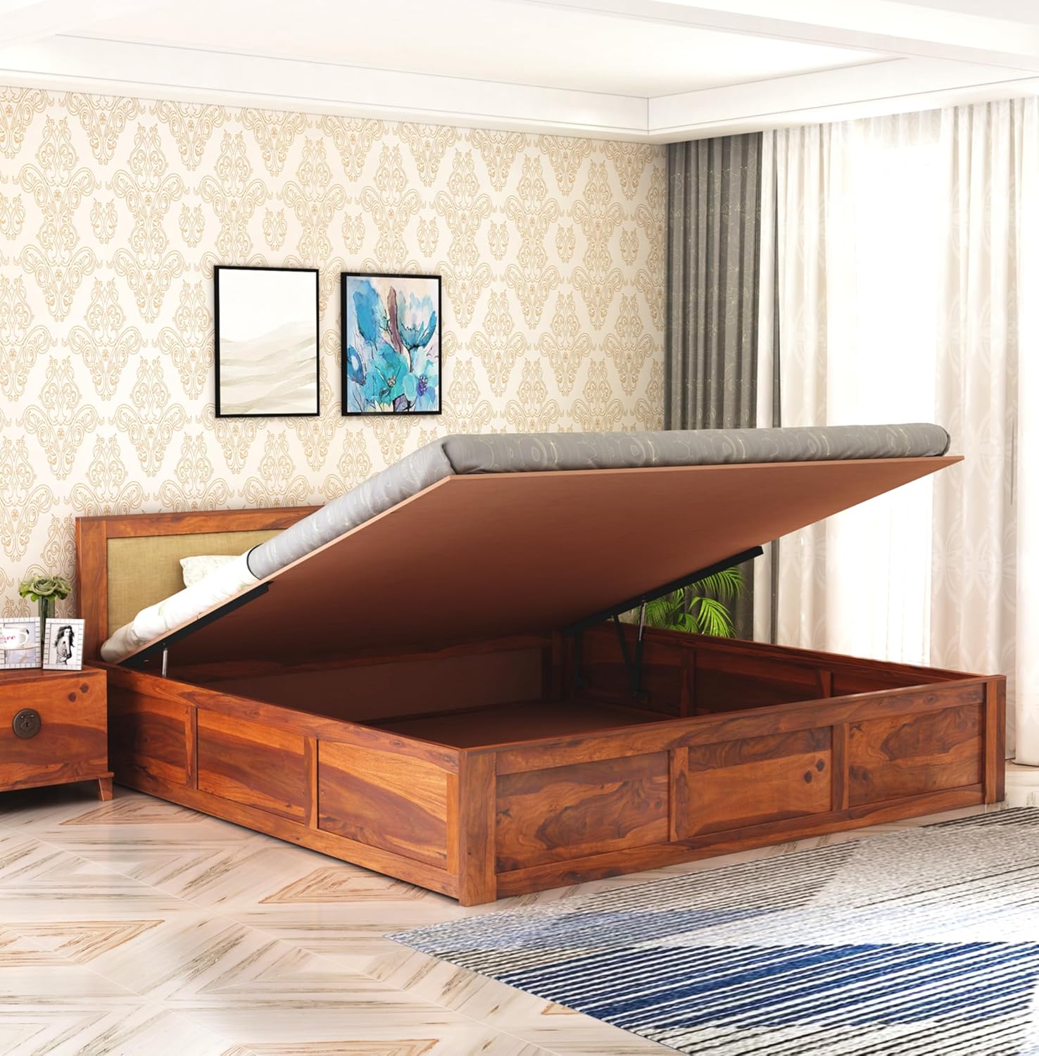 Sheesham Wood Queen Size Bed with Hydraulic Storage for Bedroom Living Room Home Hotel Furniture Wooden Double Bed Cot Palang for Guest Room