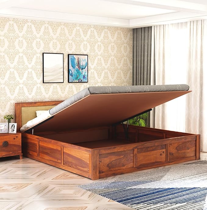 Goyal Handicraft Sheesham Wood King Size Bed with Hydraulic Storage Wooden Double Bed for Bedroom Living Room Home - (Honey Finish) | 1 Year Warranty