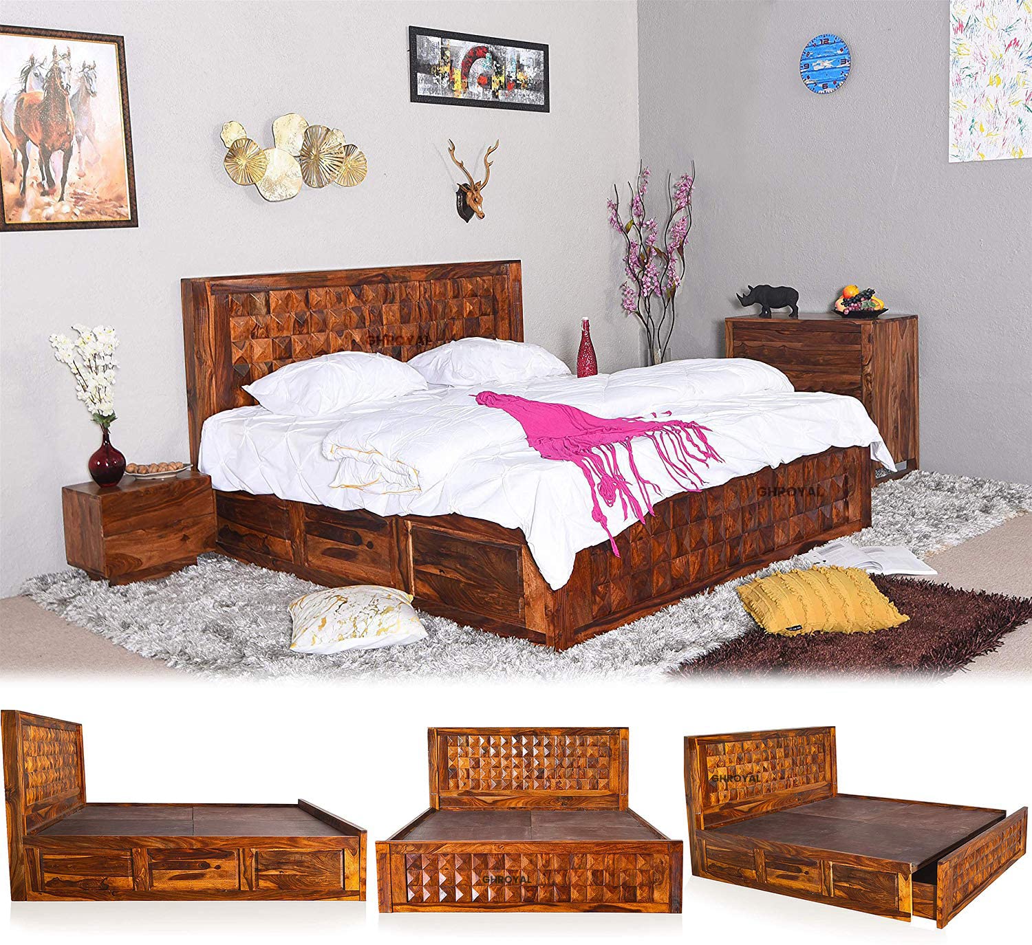Sheesham Wood Queen Size Bed with Front Opening Box Storage for Bedroom Living Room Home Hotel Wooden Double Bed Cot Palang Furniture