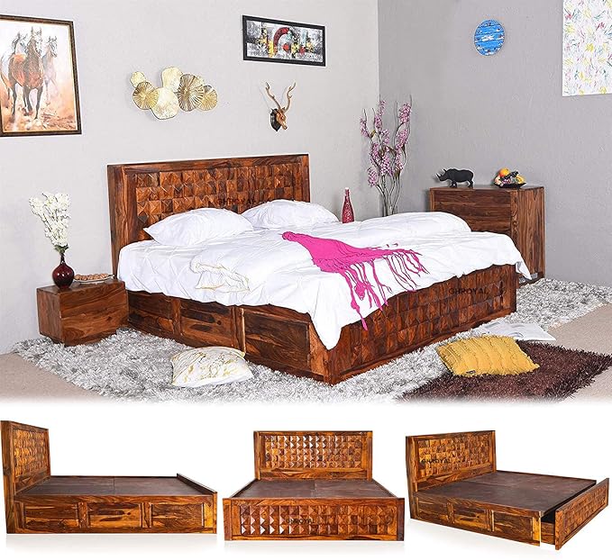 Goyal Handicraft Sheesham Wood Queen Size Bed with Front Opening Box Storage for Bedroom Living Room Home Hotel Wooden Double Bed Cot Palang Furniture (Honey Finish) - 1 Year Warranty