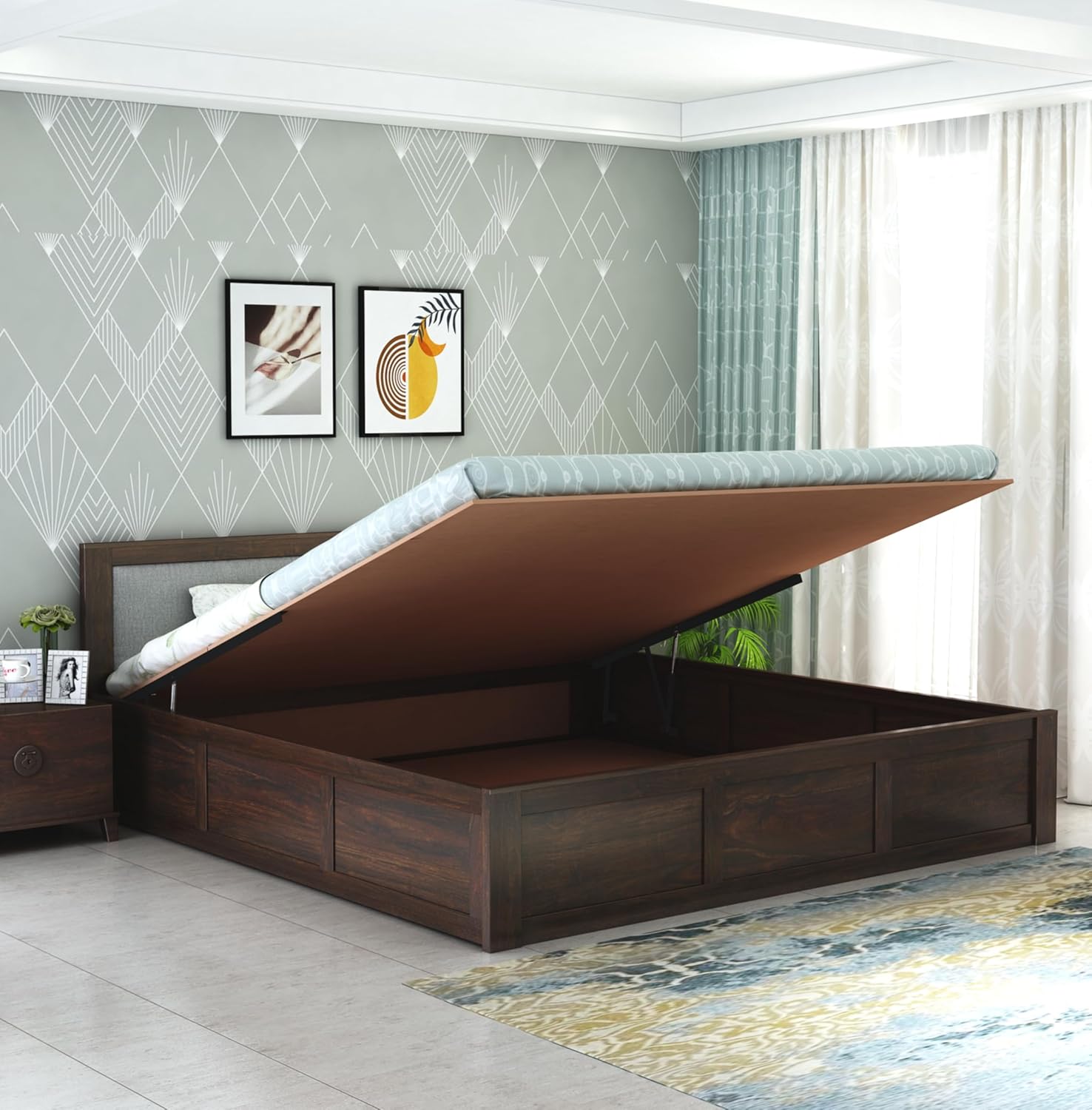Sheesham Wood Queen Size Bed with Hydraulic Storage for Bedroom Living Room Home Hotel Furniture Wooden Double Bed Cot Palang for Guest Room