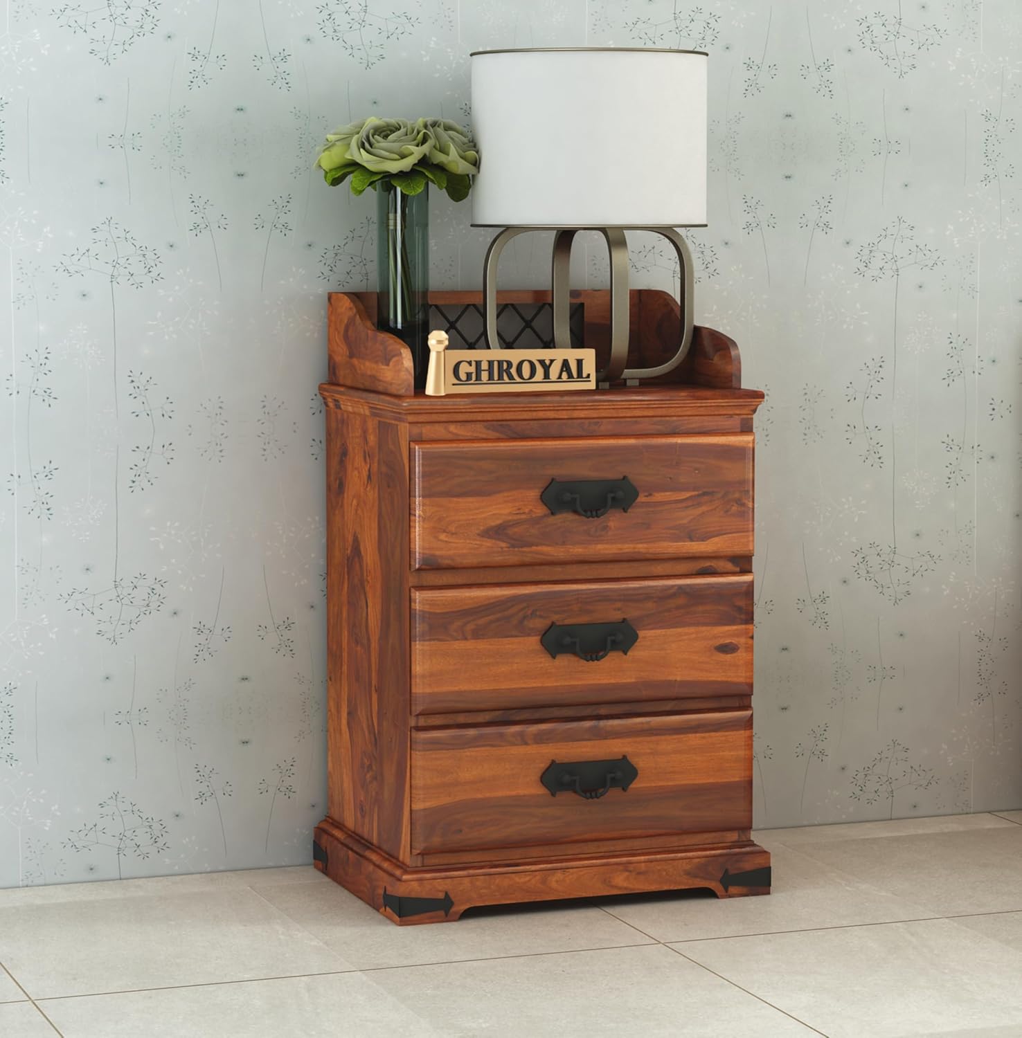 Sheesham Wood Bedside End Table with 2 Drawers and Open Shelf Storage for Bedroom Living Room Wooden Furniture Side Table for Hotel Room Office