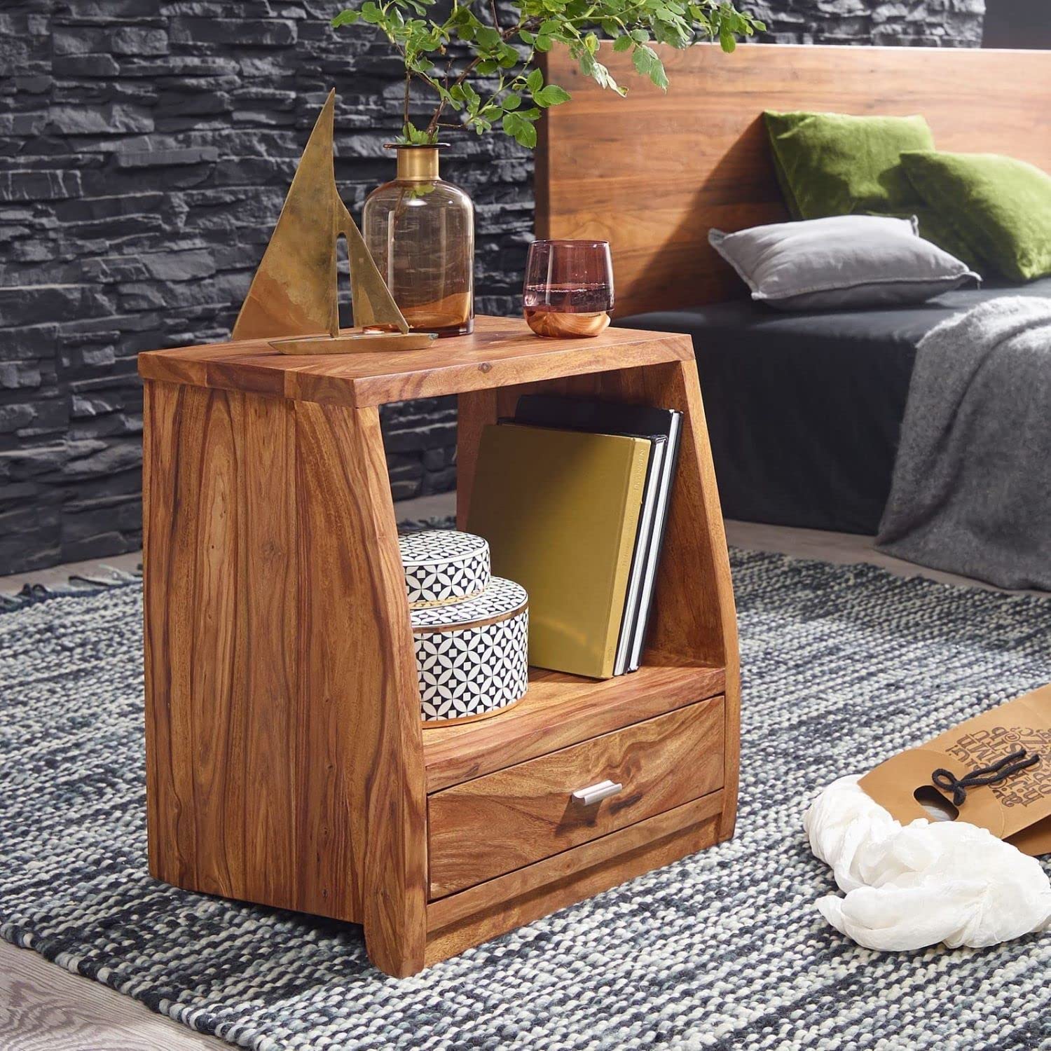 Sheesham Wood Bedside Table with Cabinet Storage Night Stand Sofa Side Table End Table Furniture for Living Room Home Office