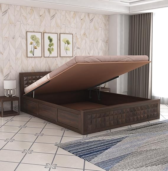 Goyal Handicraft Sheesham Wood King Size Bed with Hydraulic Storage for Bedroom Living Room Home Hotel Furniture Wooden Double Bed Cot Palang for Guest Room (Walnut Finish)