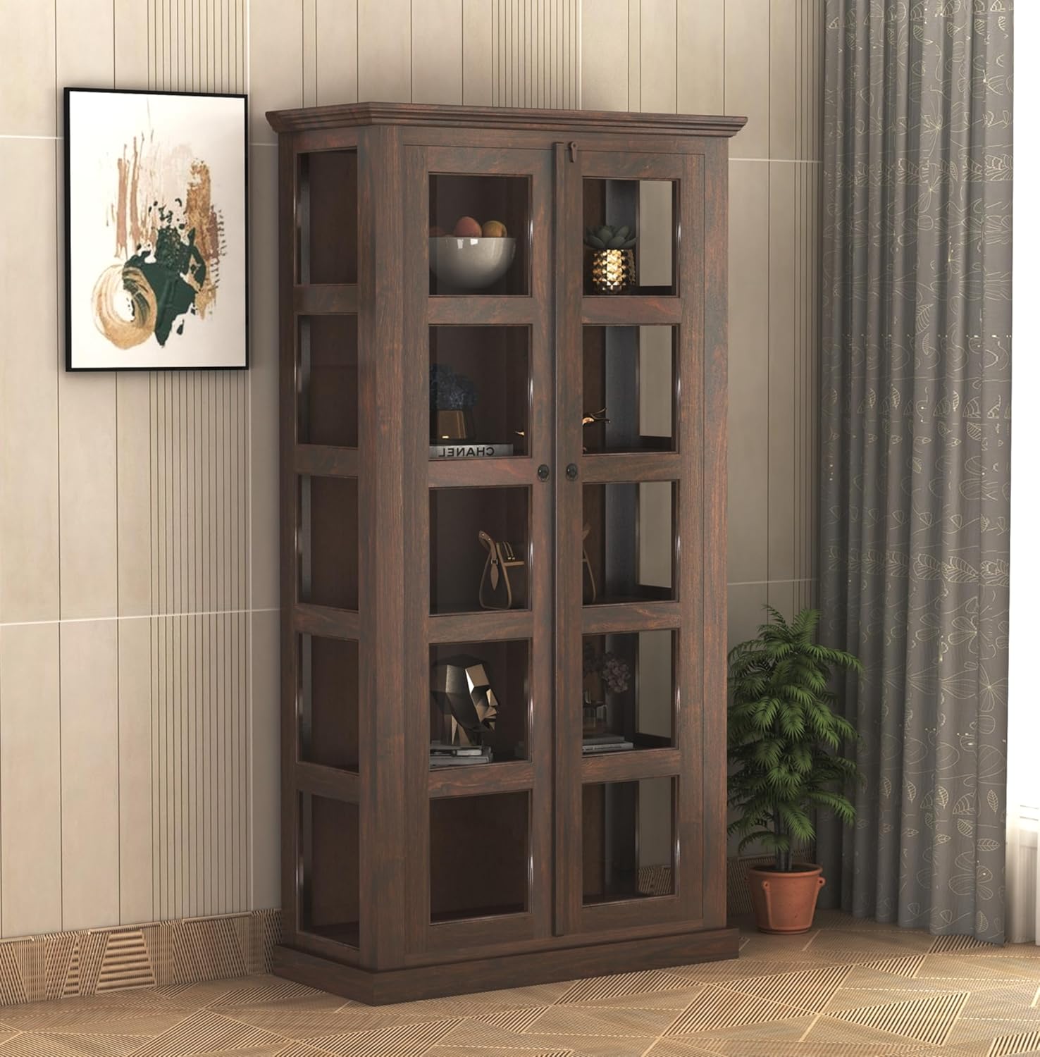 Sheesham Wood Bookshelf with Glass Door for Home Library Solid Wood Bookcase Wooden Crockery Cabinet for Kitchen Book Shelf