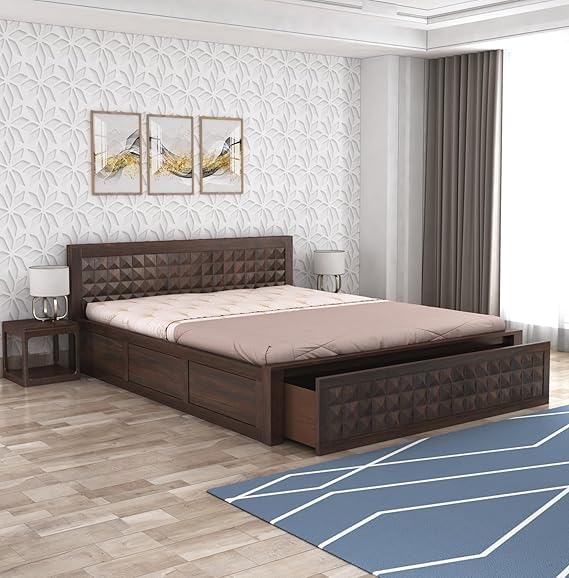 Goyal Handicraft Sheesham Wood Queen Size Bed with Front Opening Drawer Storage for Bedroom Living Room Home Hotel Wooden Doule Bed Cot Palang Furniture (Walnut Finish)