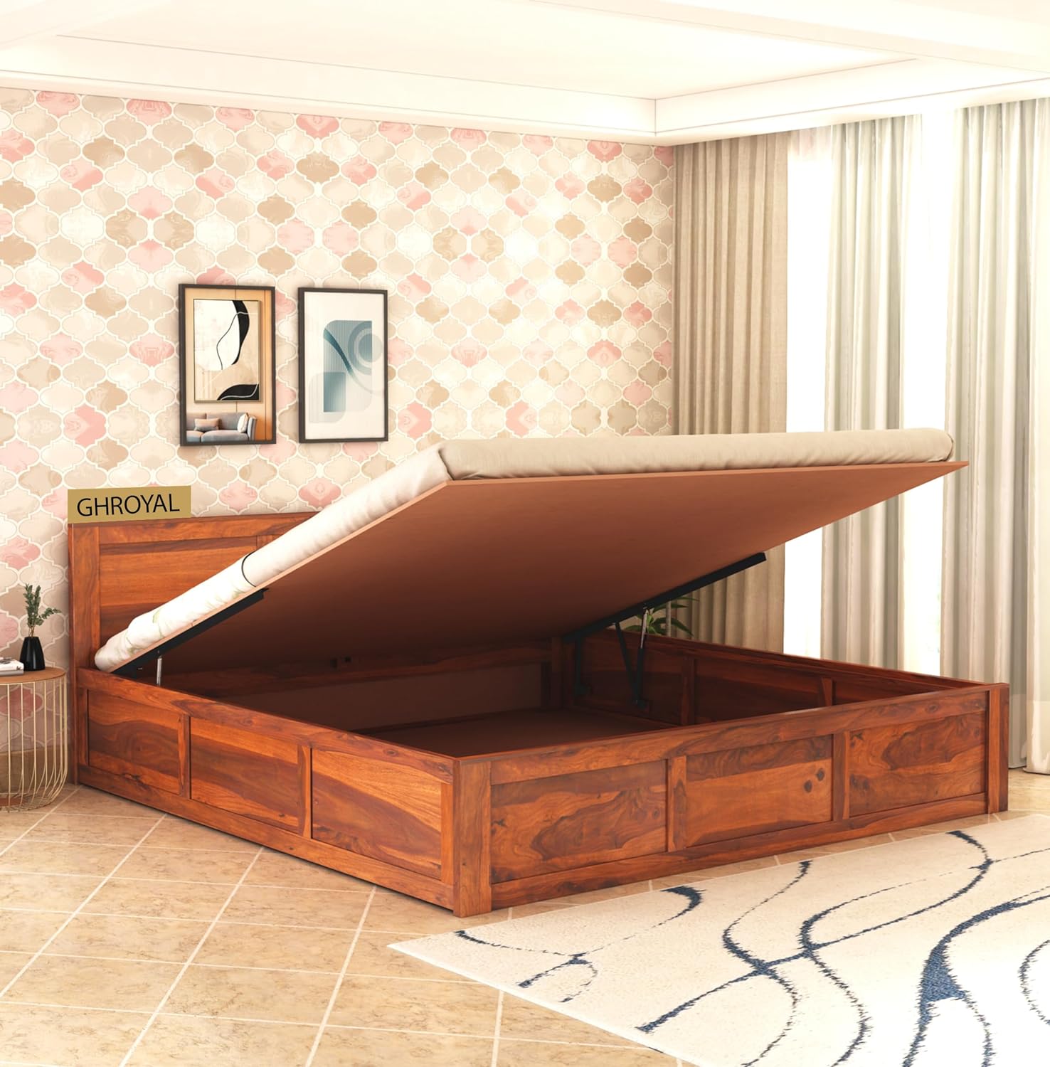 Sheesham Wood King Size Bed With Hydraulic Storage