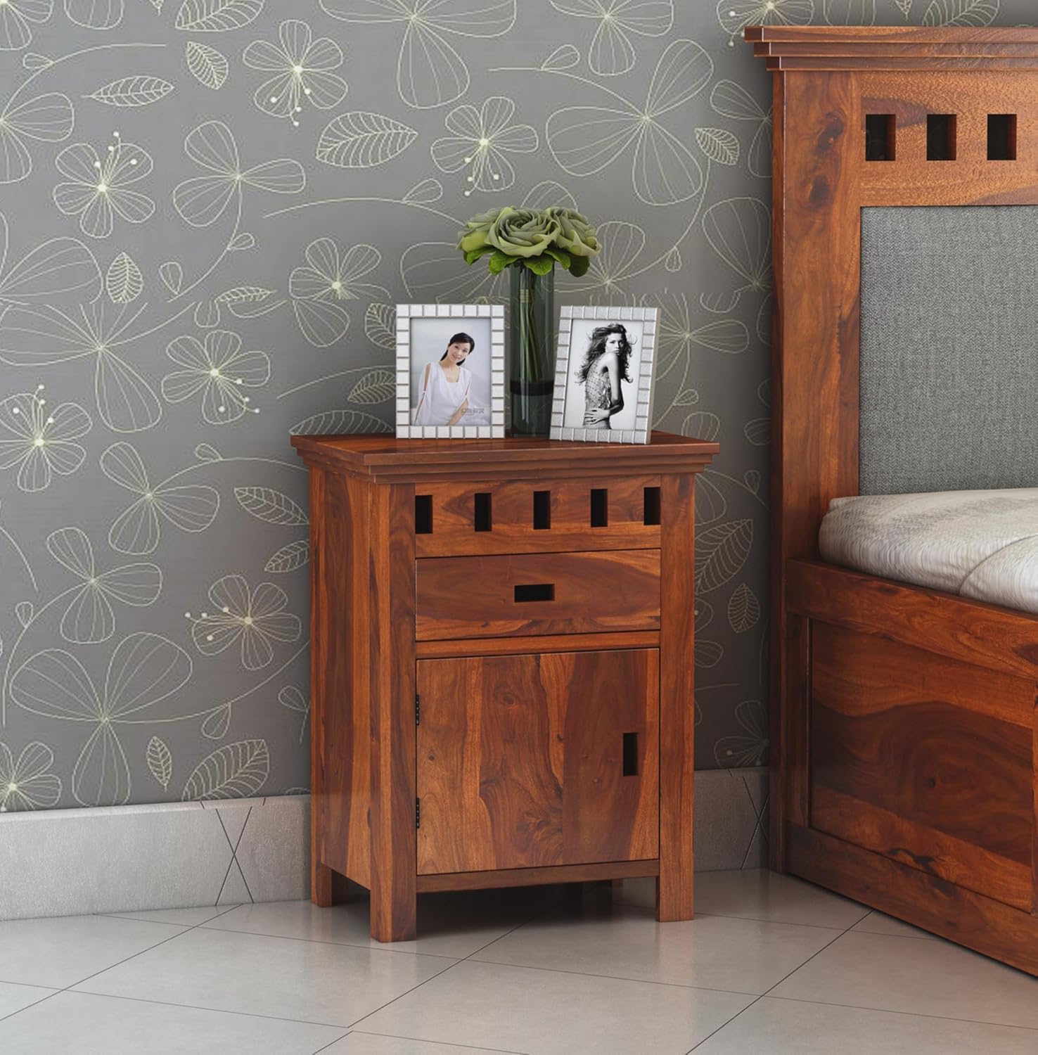 Sheesham Wood Bedside Table with Drawer and Cabinet Storage End Table Sofa Side Table for Living Room Home and Office