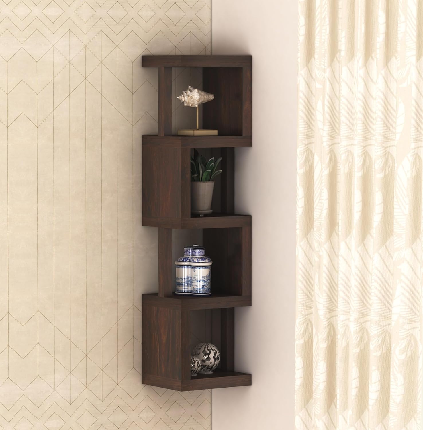 Goyal Handicraft Sheesham Wood Zig Zag Wall Shelves 5 Tier Display Rack Storage Organizer Corner Hanging Shelf for Living Room Bedroom Home Office Décor (Walnut Finsh)