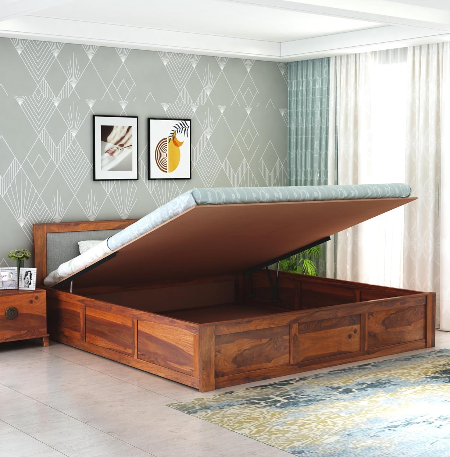 Sheesham Wood Queen Size Bed with Hydraulic Storage for Bedroom Living Room Home Hotel Furniture Wooden Double Bed Cot Palang for Guest Room