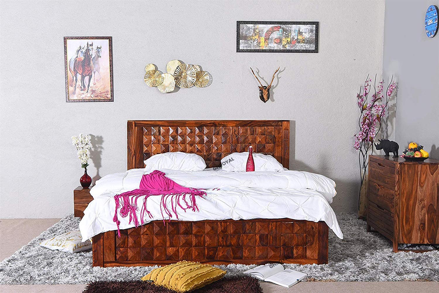 Sheesham Wood Queen Size Bed with Front Opening Box Storage for Bedroom Living Room Home Hotel Wooden Double Bed Cot Palang Furniture