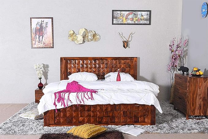 Goyal Handicraft Sheesham Wood Queen Size Bed with Front Opening Box Storage for Bedroom Living Room Home Hotel Wooden Double Bed Cot Palang Furniture (Honey Finish) - 1 Year Warranty