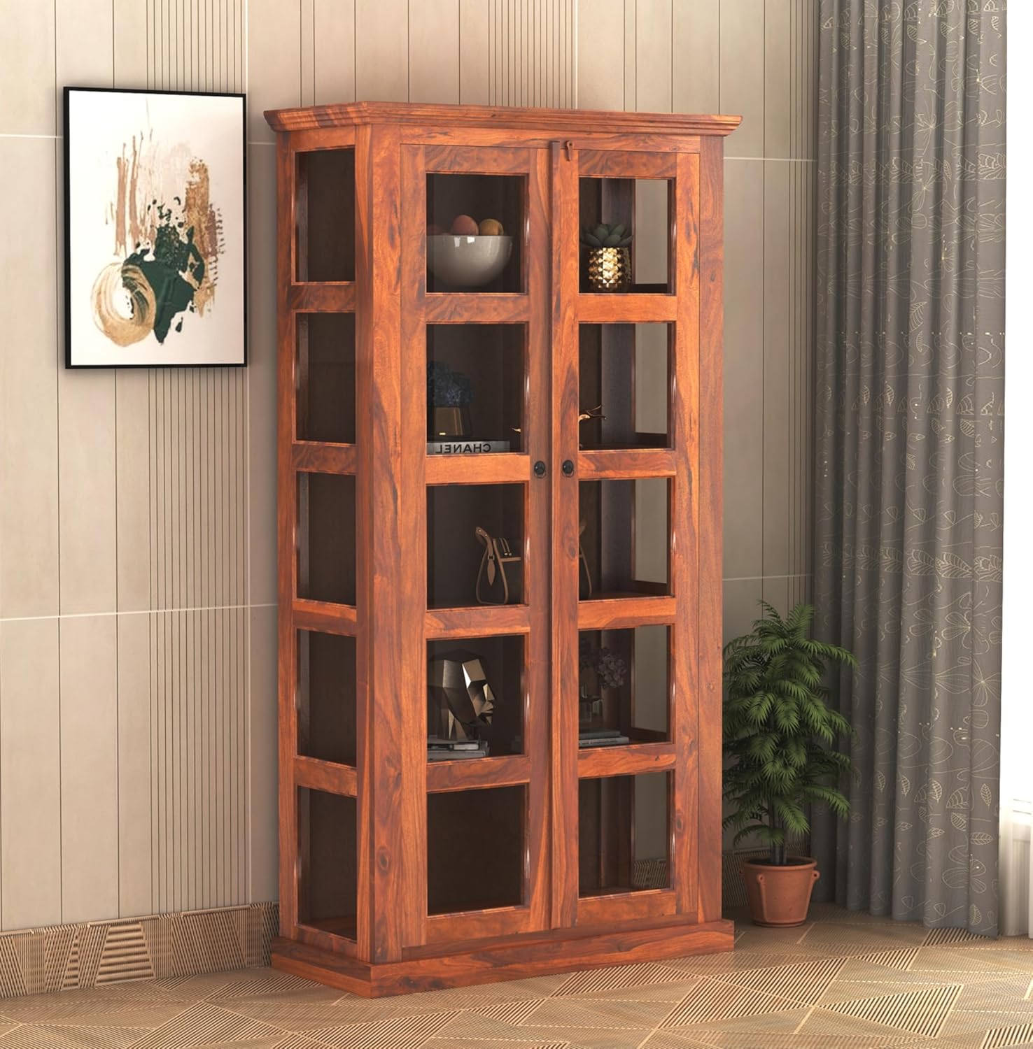 Sheesham Wood Bookshelf with Glass Door for Home Library Solid Wood Bookcase Wooden Crockery Cabinet for Kitchen Book Shelf