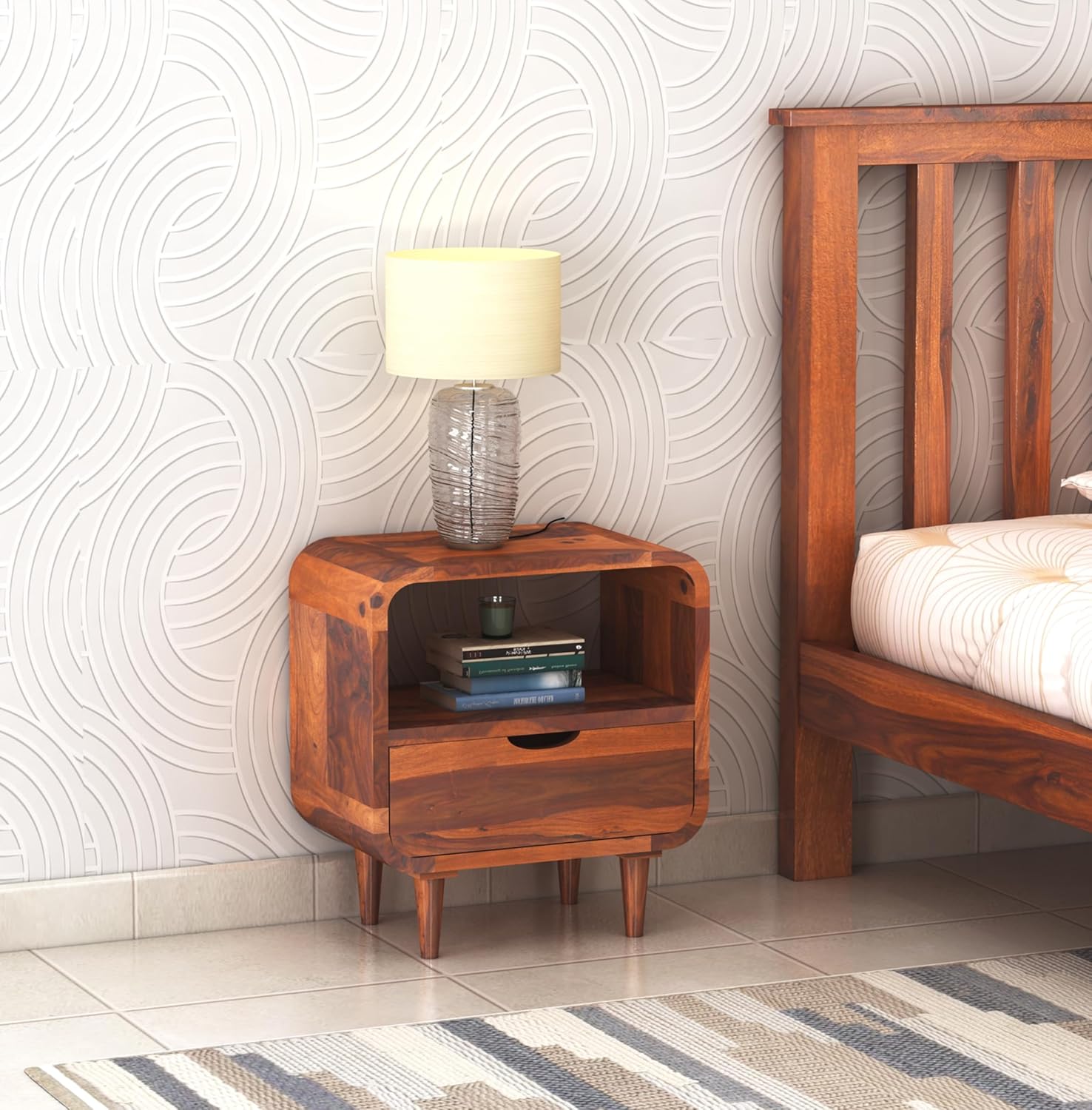 Sheesham Wood Bedside End Table with 2 Drawers and Open Shelf Storage for Bedroom Living Room Wooden Furniture Side Table for Hotel Room Office