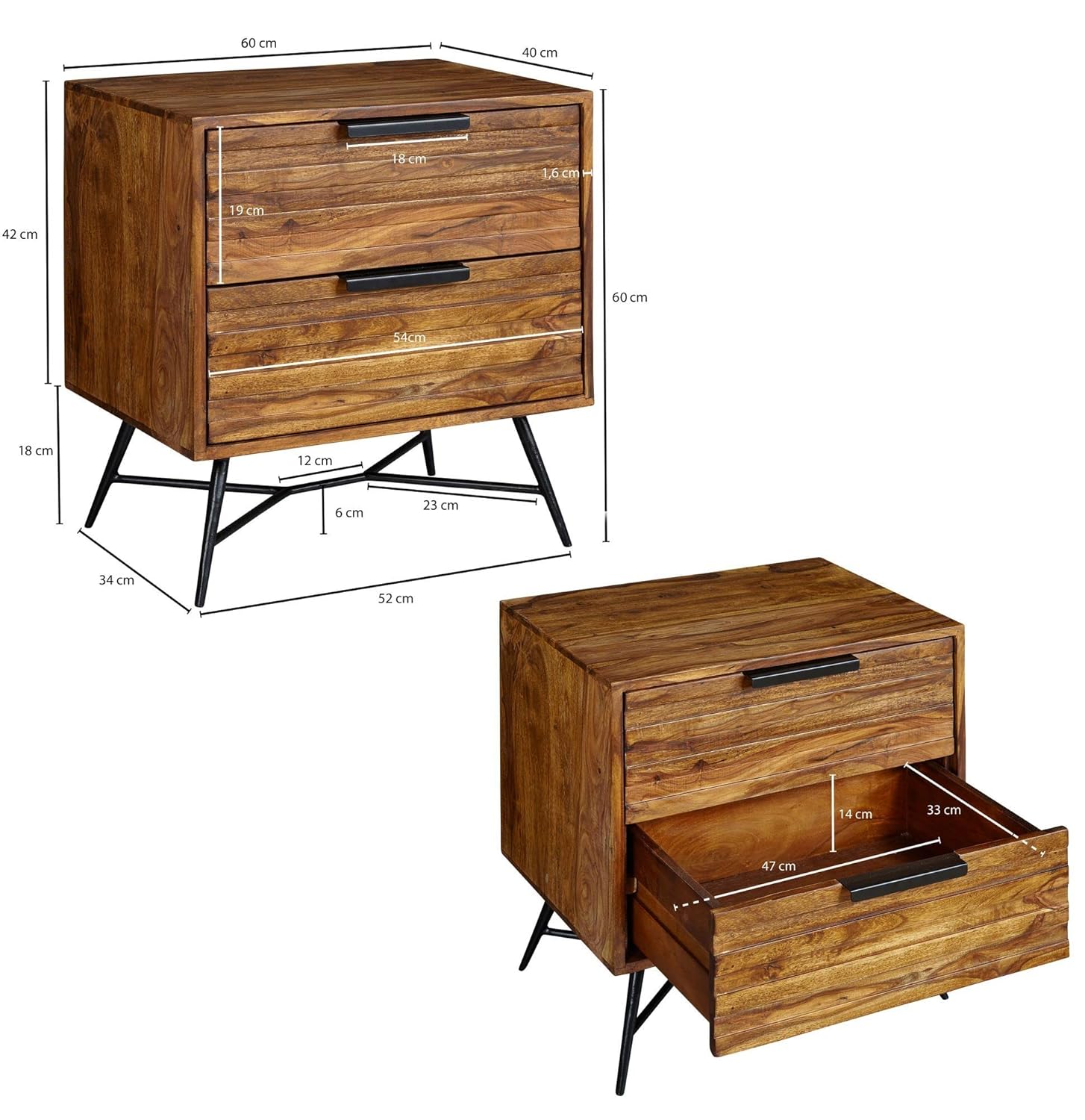 Sheesham Wood Bedside Table with 2 Drawers Storage Wooden Sofa Side Table Night Stand End Table Furniture for Bedroom Living Room Home Office