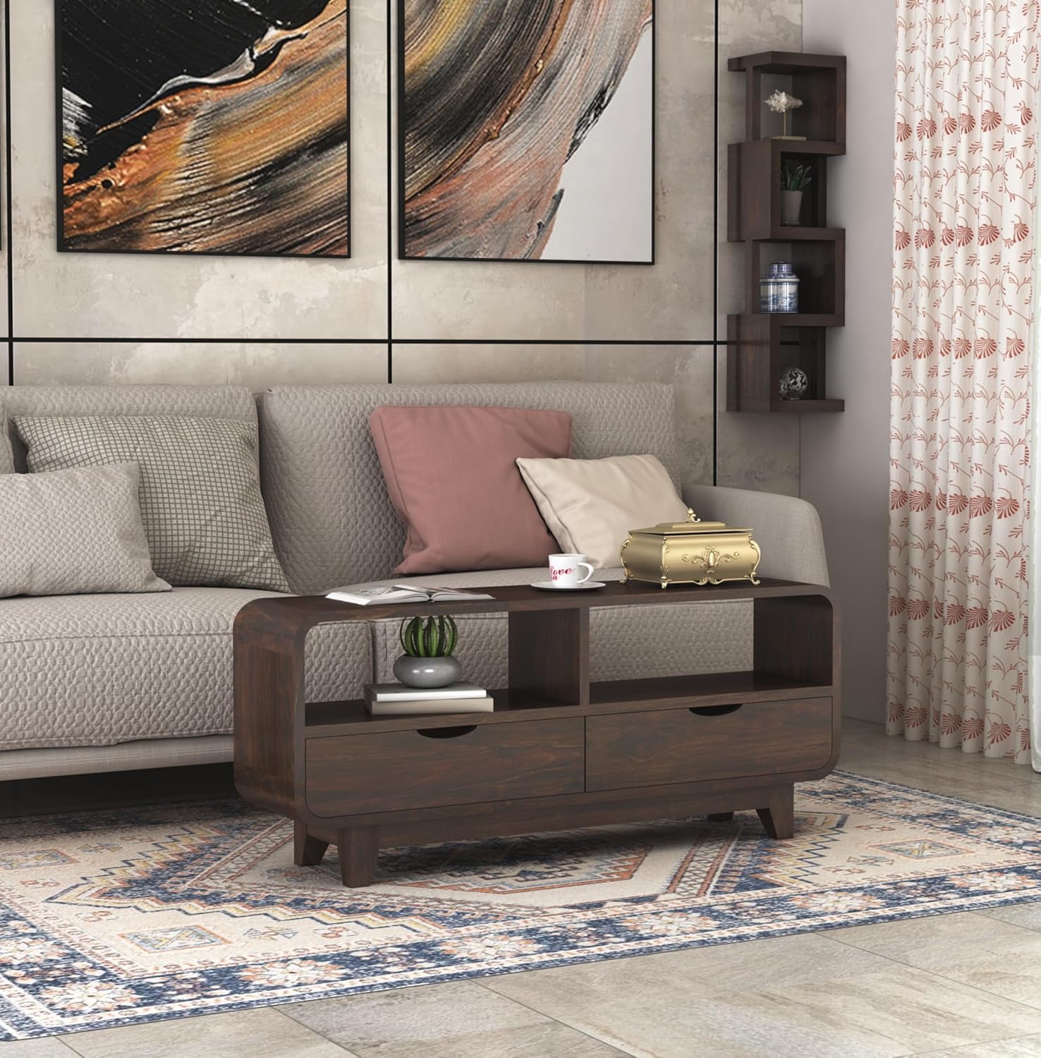 Sheesham Wood Curved Elongated Coffee Table with 2 Drawer and Shelf Storage for Bedroom Living Room Home Office Teapoy Tea Table Solid Wooden Center Table