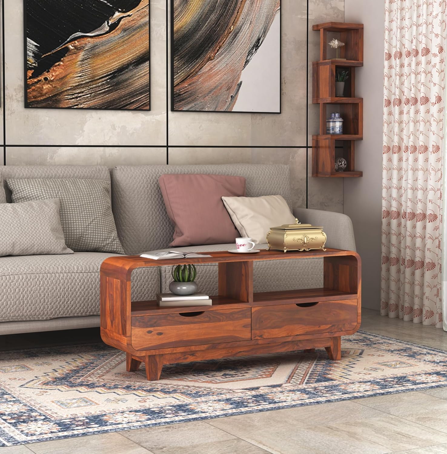 Sheesham Wood Curved Elongated Coffee Table with 2 Drawer and Shelf Storage for Bedroom Living Room Home Office Teapoy Tea Table Solid Wooden Center Table