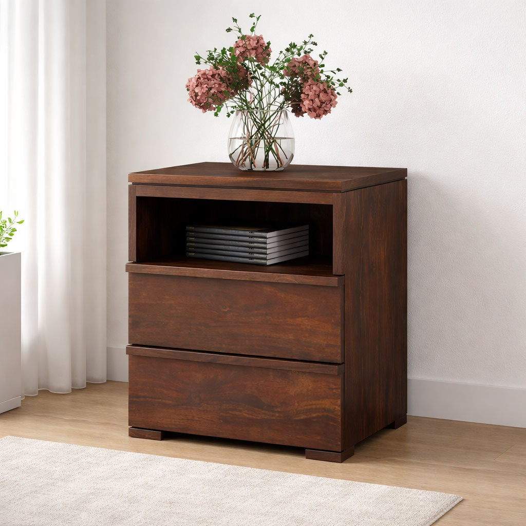 Bedside End Table With 2 Drawers And Open Shelf | Walnut Finish