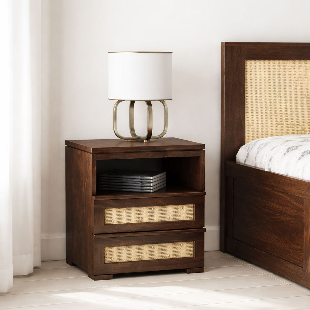 Bedside Table With 2 Drawer & 1 Open Storage | Walnut Finish Cane