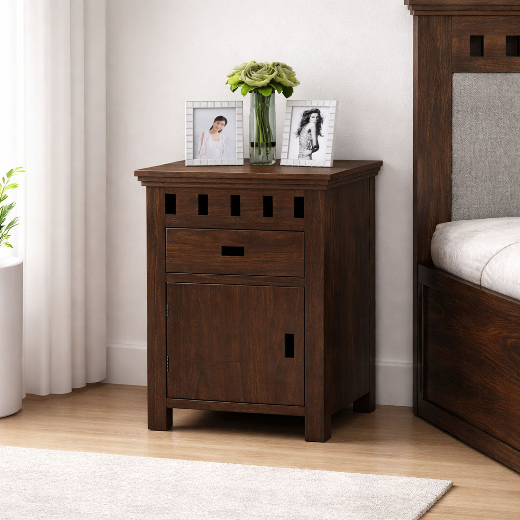 Bedside Table With Drawer And Door Storage | Walnut Finish With 1 Drawer & Door