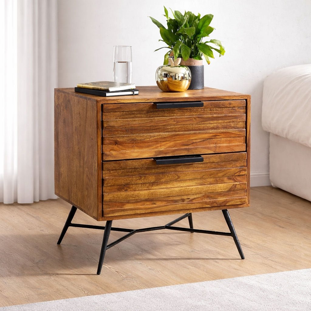 Bedside Table with 2 Drawer Storage | Honey Finish