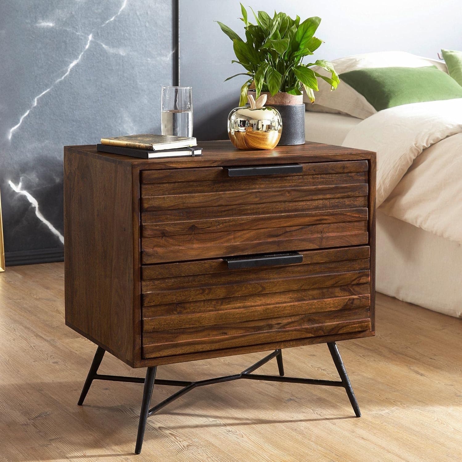 Bedside Table with 2 Drawer Storage | Walnut Finish