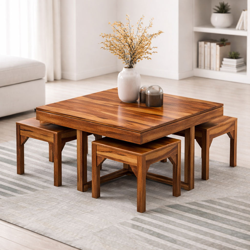 4人掛けwoodtable Coffee Table With 4 Stools | Natural Teak Finish – Goyal Handicraft