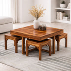 Coffee Table With 4 Stools | Natural Teak Finish
