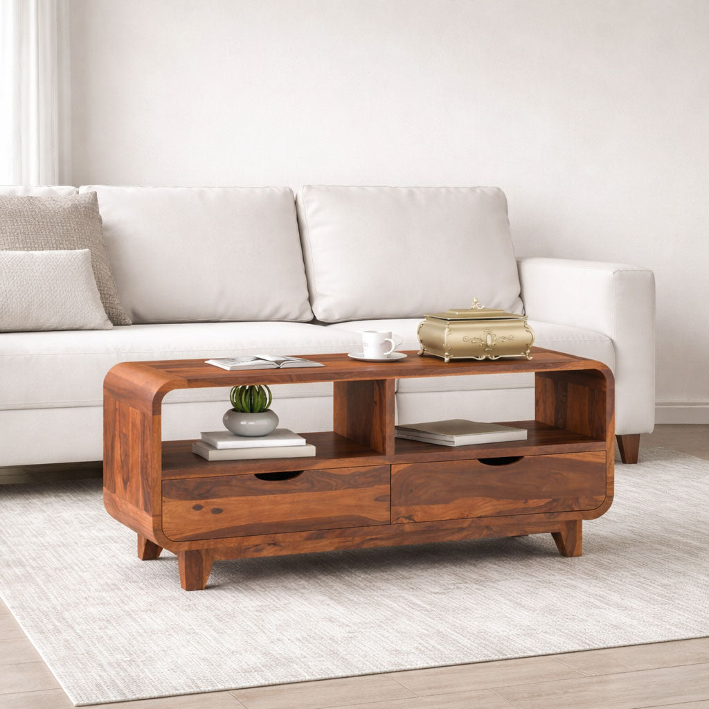 Curved Elongated Coffee Table With 2 Drawer - Honey Finish