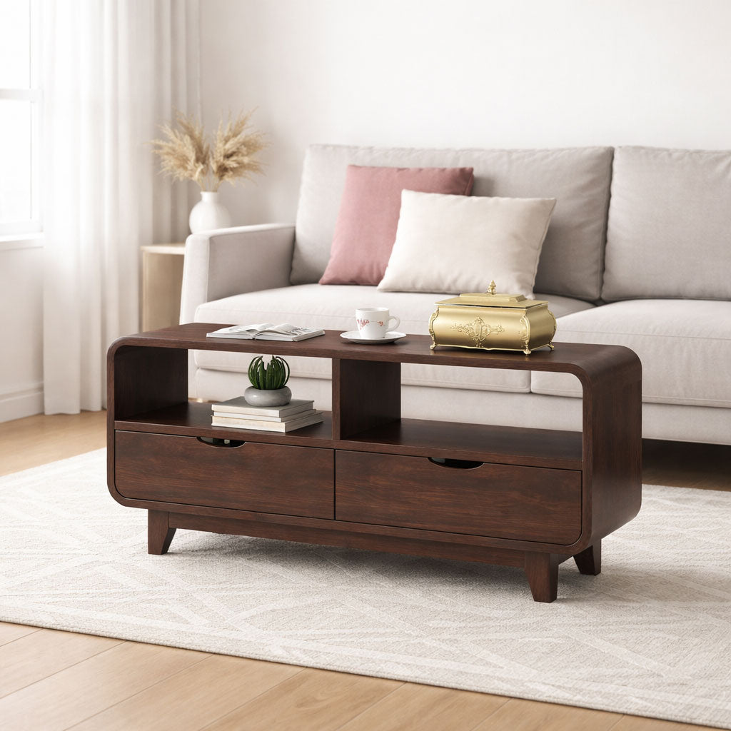 Curved Elongated Coffee Table With 2 Drawer - Walnut Finish