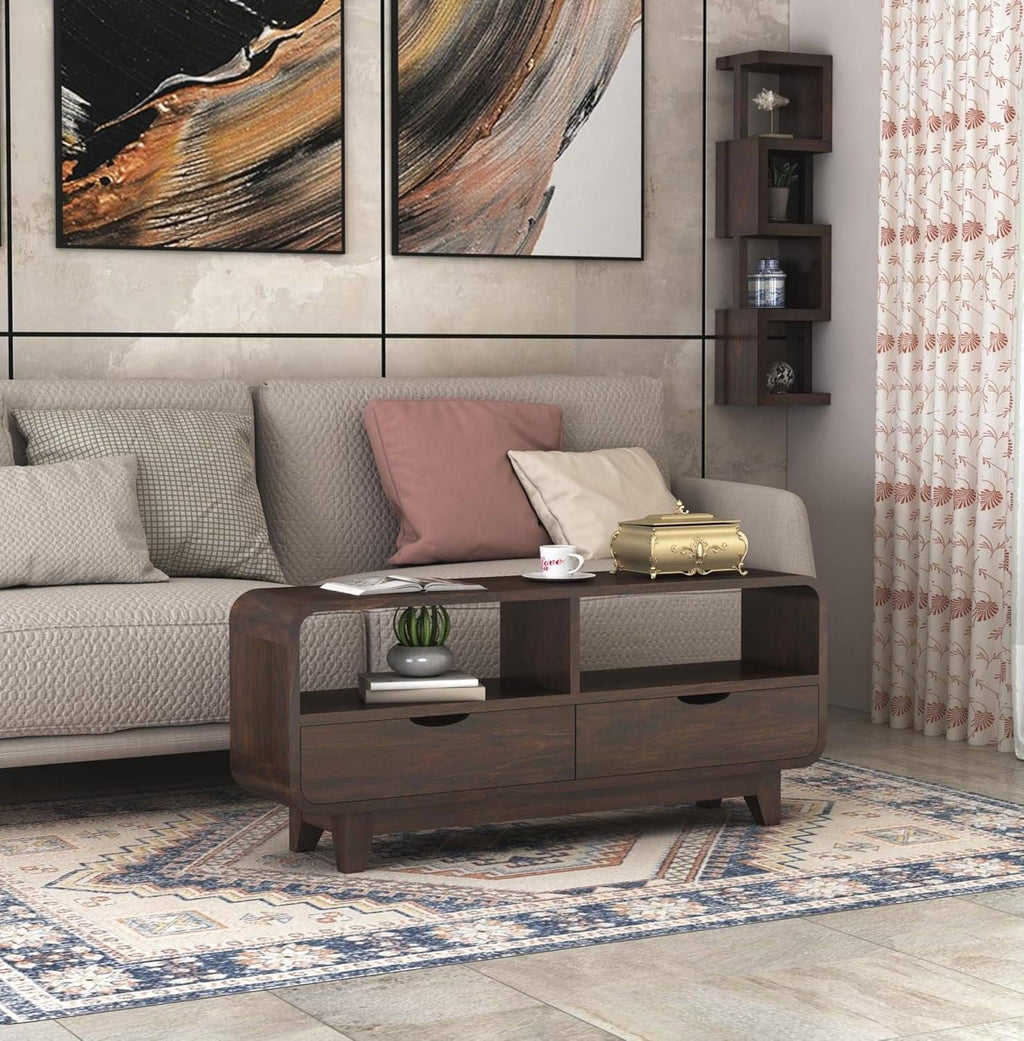 Curved Elongated Coffee Table With 2 Drawer - Walnut Finish